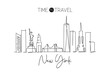 Single continuous line drawing of New York city skyline, USA. Famous city scraper and landscape. World travel concept home wall decor poster print art. Modern one line draw design vector illustration