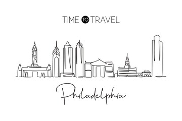 Wall Mural - One single line drawing of Philadelphia city skyline, USA. Historical town landscape. Best holiday destination home art wall decor poster print. Trendy continuous line draw design vector illustration