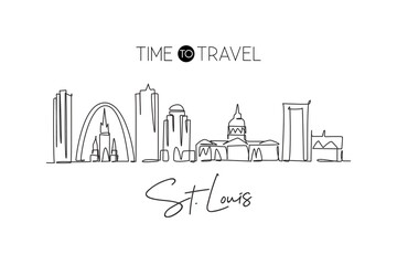 Wall Mural - One continuous line drawing of St. Louis city skyline, USA. Beautiful landmark. World landscape tourism travel vacation wall decor art poster print. Stylish single line draw design vector illustration