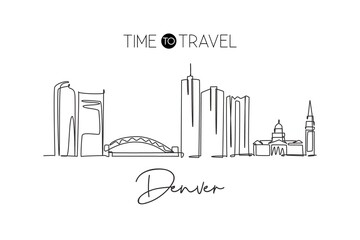 Wall Mural - One single line drawing of Denver city skyline, United States. Historical town landscape in the world. Best holiday destination. Editable stroke trendy continuous line draw design vector illustration