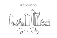 Single Continuous Line Drawing Of San Diego City Skyline, USA. Famous City Scraper And Landscape. World Travel Concept Home Wall Decor Poster Print Art. Modern One Line Draw Design Vector Illustration
