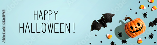 Fotografía Happy Halloween message with pumpkins ghost and Halloween decorations - flat lay
