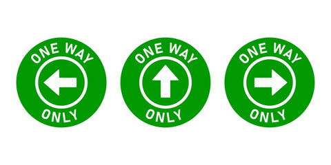 Poster - Set of One Way Only Round Floor Marking Adhesive Sticker Icon with Direction Arrow and Text. Vector Image.