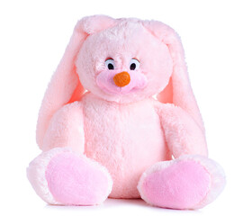 Wall Mural - Pink bunny soft toy on white background isolation