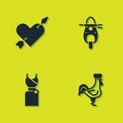 Sticker - Set Amour with heart and arrow, French rooster, Woman dress and Scooter icon. Vector.