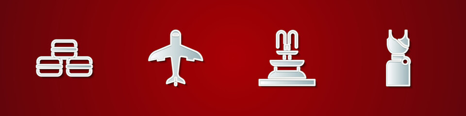 Sticker - Set Macaron cookie, Plane, Fountain and Woman dress icon. Vector.