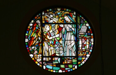 Annunciation to Mary, stained glass in the Parish Church of St. Michael the Archangel in Mihovljan, Croatia