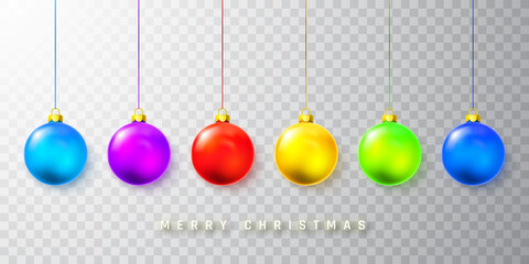 Wall Mural - Colorful Christmas balls. Xmas glass ball on white background. Holiday decoration template. Vector illustration