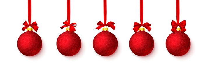 Red shiny glitter glowing Christmas ball with red bow. Xmas glass ball. Holiday decoration template. Vector illustration