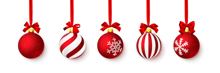 Wall Mural - red shiny glitter glowing christmas ball with red bow. xmas glass ball. holiday decoration template.