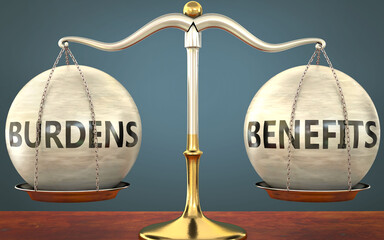 Wall Mural - burdens and benefits staying in balance - pictured as a metal scale with weights and labels burdens 