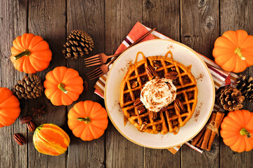 Poster - Pumpkin spice waffle with whipped topping, caramel and pecans. Overhead view table scene on a dark wood background. Fall breakfast concept.