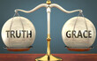 truth and grace staying in balance - pictured as a metal scale with weights and labels truth and grace to symbolize balance and symmetry of those concepts, 3d illustration
