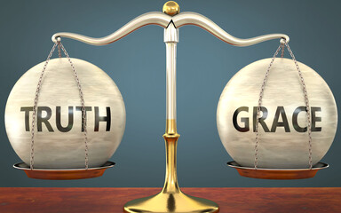 Wall Mural - truth and grace staying in balance - pictured as a metal scale with weights and labels truth and gra
