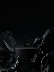 dark cylinder pedestal for product showcase. stand product podium mockup. black color. rocks and sto