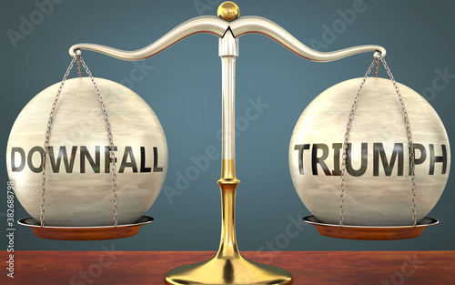 Fotografía downfall and triumph staying in balance - pictured as a metal scale with weights