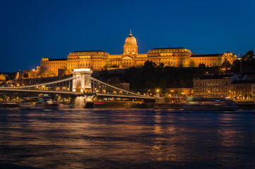 The famous Chain bridge with the castle in the background at night, Budapest, Hungary