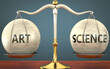 © GoodIdeas - art and science staying in balance - pictured as a metal scale with weights and labels art and science to symbolize balance and symmetry of those concepts, 3d illustration