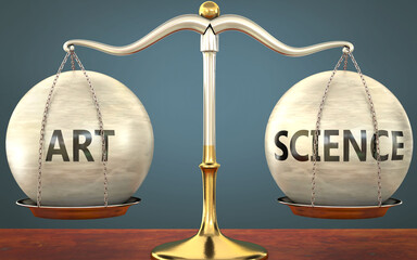art and science staying in balance - pictured as a metal scale with weights and labels art and scien