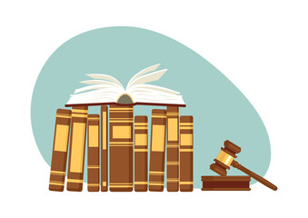 Legal education. Books with judge gavel. Jurisprudence studying, law theory. 
