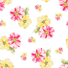 Wall Mural - Pink and yellow bright watercolor flower pattern