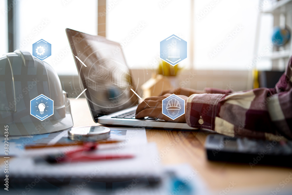 Modern technology engineer architecture working on structure blueprint ...