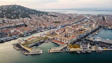 Wall Mural - Aerial view of the old town of Sete in the South of France - Downtown island between two canals along the Mediterranean Sea