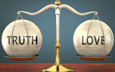 Wall Mural - metaphor of truth and love staying in balance - showed as a metal scale with weights and labels trut