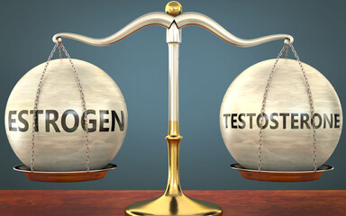 Wall Mural - estrogen and testosterone staying in balance - pictured as a metal scale with weights and labels est