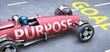 © GoodIdeas - Purpose helps reaching goals, pictured as a race car with a phrase Purpose as a metaphor of Purpose playing important role in getting value and achieving success in life and business, 3d illustration