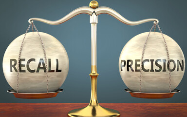 Wall Mural - recall and precision staying in balance - pictured as a metal scale with weights and labels recall a