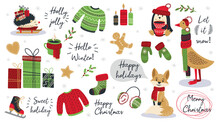 Set Of Modern Hand Drawn Christmas Animals And Other Isolated Elements. Vector Illustration.
