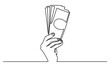 Payment with money, buying or purchase of goods. continuous line. continuous line drawing of hand giving money banknotes. Payment with money, buying or purchase of goods. continuous line