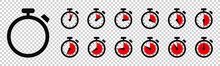 Timer, Clock, Stopwatch Isolated Set Icons With Different Time. Countdown Timer Symbol Icon Set. Sport Clock With Red Colored Time Meaning. Label Cooking Symbols. Stopwatch Collection