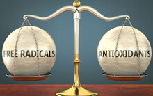Free Radicals And Antioxidants Staying In Balance - Pictured As A Metal Scale With Weights To Symbolize Balance And Symmetry Of Those Concepts, 3d Illustration