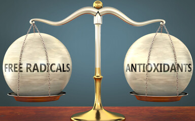 Wall Mural - free radicals and antioxidants staying in balance - pictured as a metal scale with weights to symbol