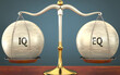 Metaphor of iq and eq staying in balance - showed as a metal scale with weights and labels iq and eq to symbolize balance and symmetry of iq and eq in life or business, 3d illustration