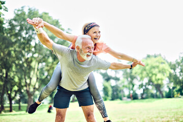 Poster - outdoor senior fitness woman man lifestyle active sport exercise healthy fit retirement love fun piggyback