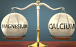 magnesium and calcium staying in balance - pictured as a metal scale with weights and labels magnesium and calcium to symbolize balance and symmetry of those concepts, 3d illustration