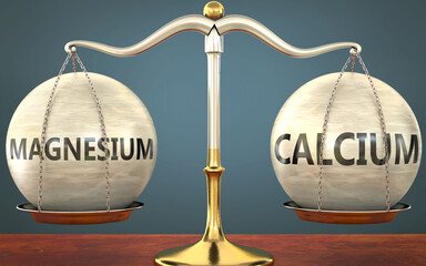 Wall Mural - magnesium and calcium staying in balance - pictured as a metal scale with weights and labels magnesi