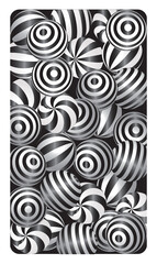  Dark abstract paint background with striped spheres. Screen vector design for mobile app