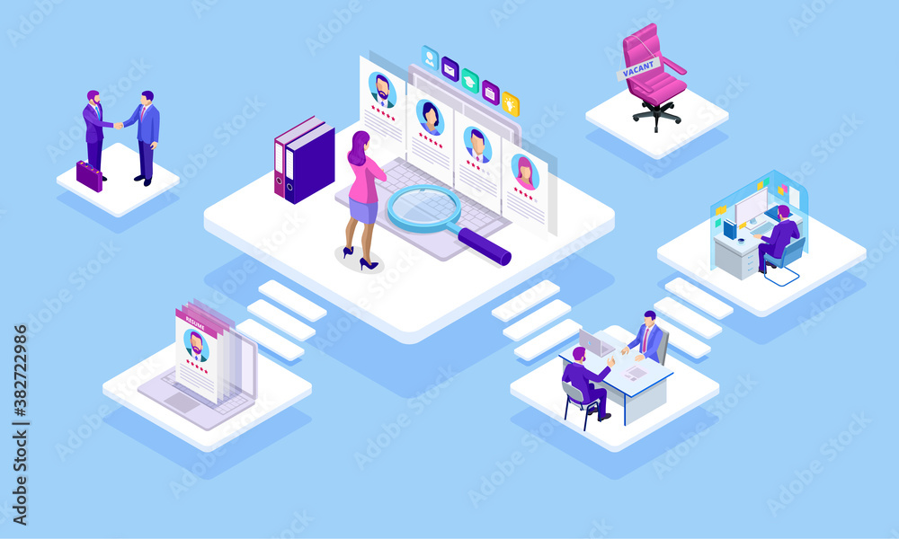 Isometric Online job search and human resource concept. Infographics of Business data visualization. Process chart. Job interview, recruitment agency vector illustration - obrazy, fototapety, plakaty 