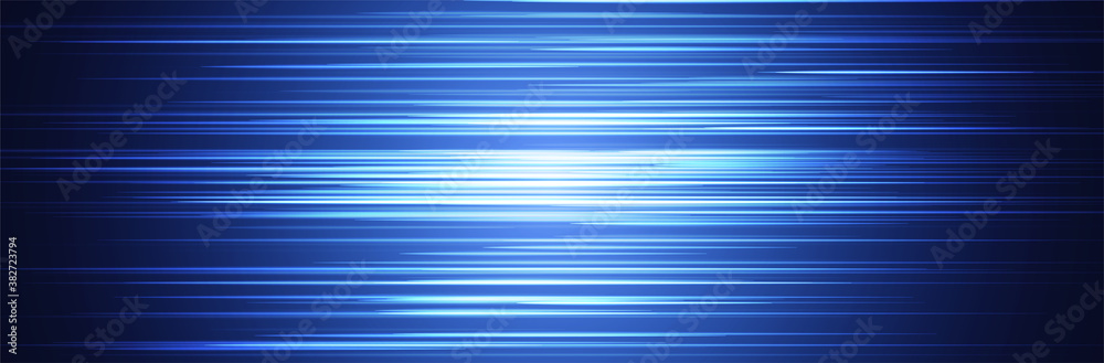 Blue abstract line pattern. Random horizontal stripes. Wide background. Bright center with dark parts around. Information or data transfer concept. Technology vector illustration. Thin lines - obrazy, fototapety, plakaty 