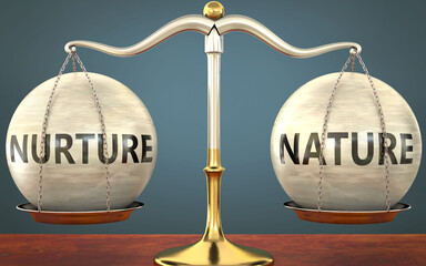 Wall Mural - nurture and nature staying in balance - pictured as a metal scale with weights and labels nurture an