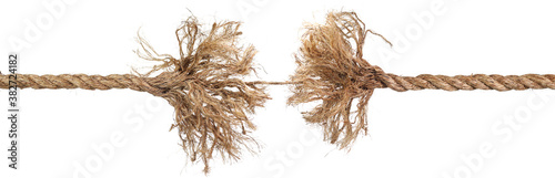Fotografía Rope frayed and ready to break apart with rope held together by a last strand ready to snap