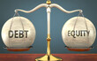 debt and equity staying in balance - pictured as a metal scale with weights and labels debt and equity to symbolize balance and symmetry of those concepts, 3d illustration
