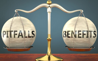 Wall Mural - pitfalls and benefits staying in balance - pictured as a metal scale with weights and labels pitfall