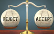 reject and accept staying in balance - pictured as a metal scale with weights and labels reject and accept to symbolize balance and symmetry of those concepts, 3d illustration
