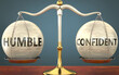 humble and confident staying in balance - pictured as a metal scale with weights and labels humble and confident to symbolize balance and symmetry of those concepts, 3d illustration