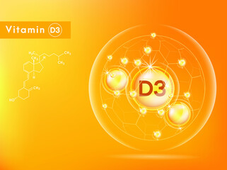 Vitamin D3 and structure. Medicine capsule, Golden substance. 3D Vitamin complex with chemical formula. Personal care and beauty concept. Vector Illustration